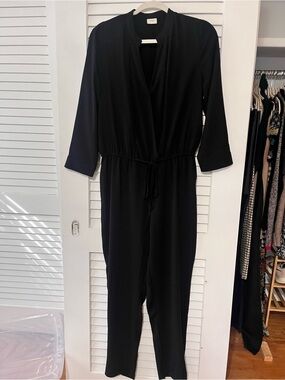 Black V-Neck Long Sleeve Jumpsuit with Drawstring Waist
